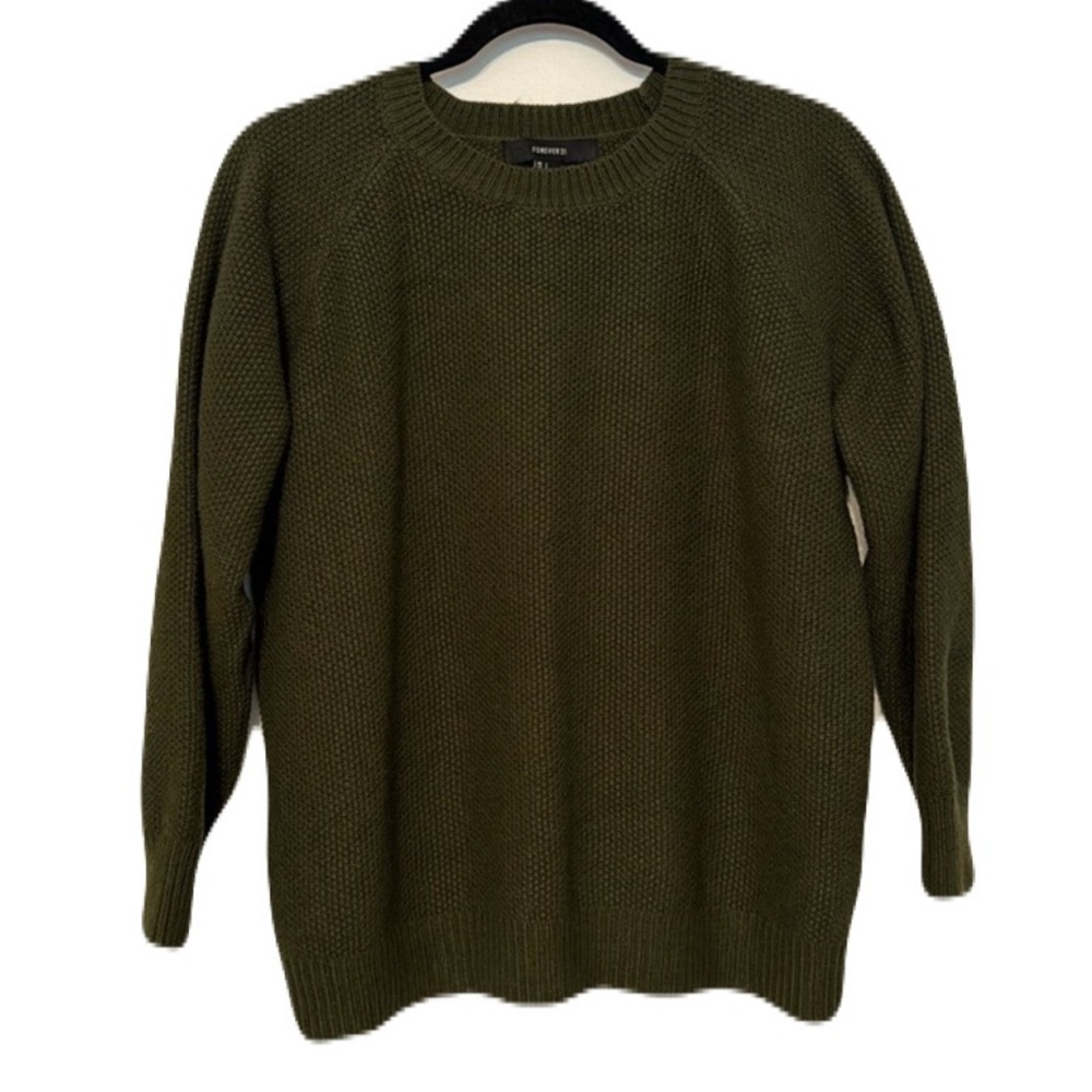 Forever 21 Forest Green Knit Sweater Top Large Crewneck Waffle